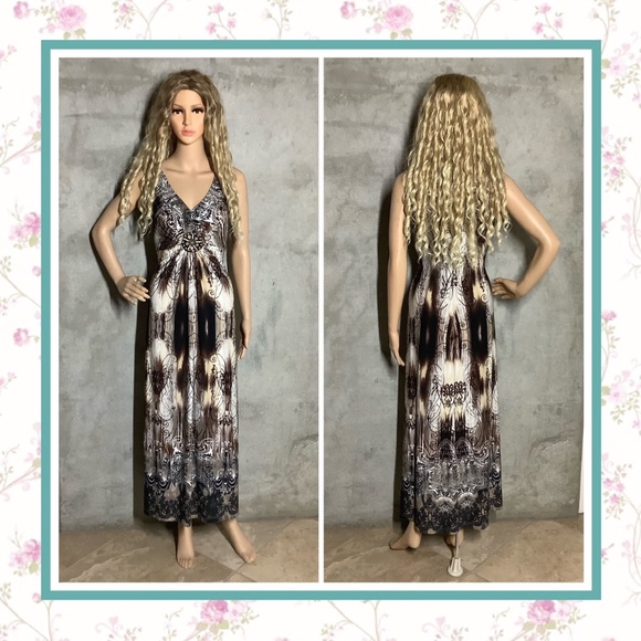 🍒 BOHO CHIC MAXI LONG DRESS BOHEMIAN GYSPY BROWN TAN TRIBAL SHORT SLEEVE CUTE - Picture 1 of 11